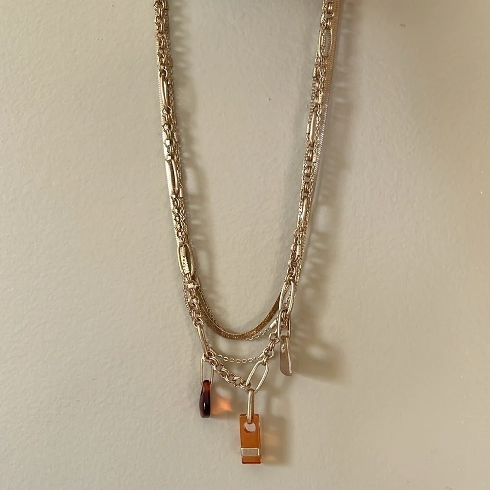 Universal Thread Gold Tone Layered Necklace Amber Resin Charm Pendant